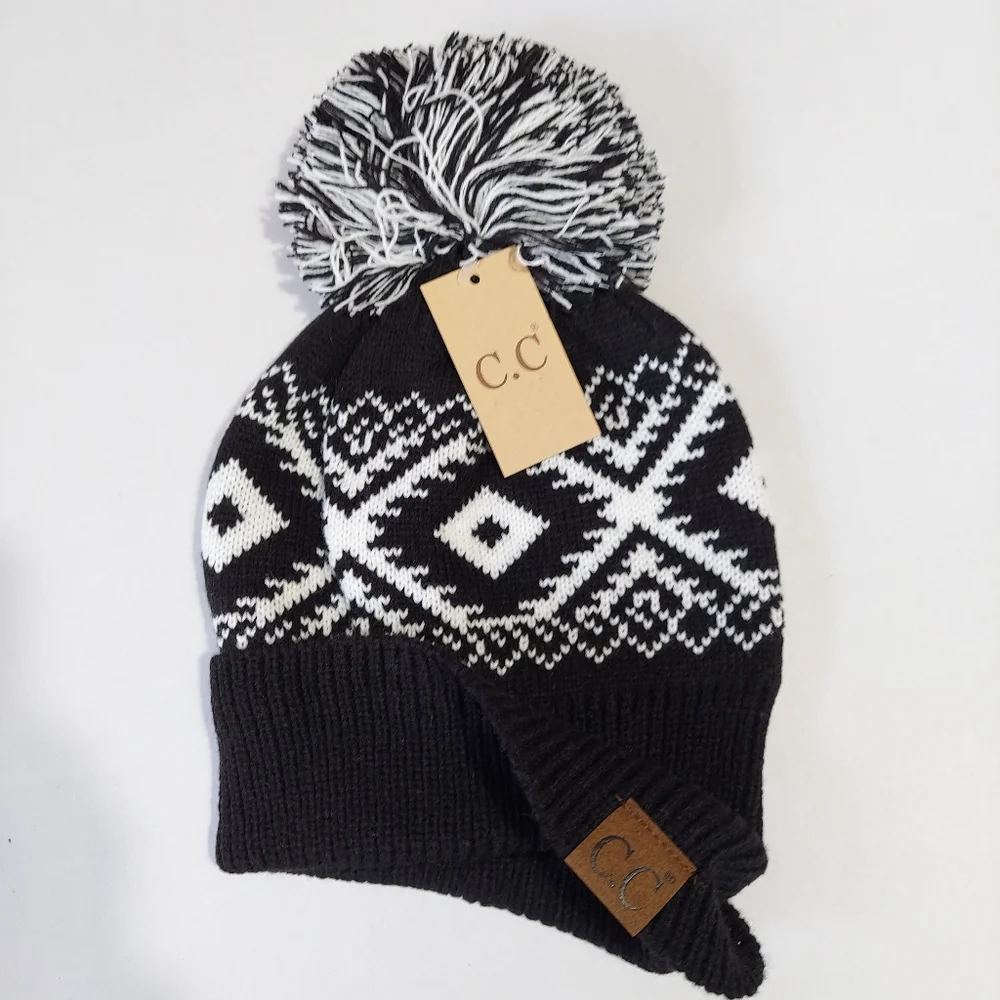 C.C Beanie Women's Fair Isle Knit Winter Hat Black White Geometric Pom Pom NWT